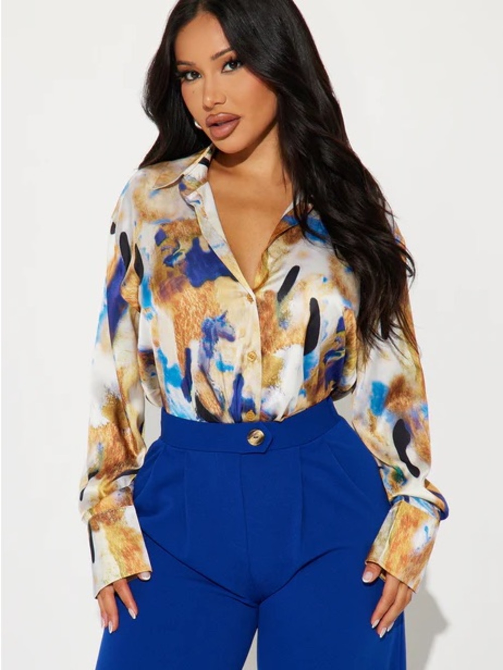 Fashion Nova White Multi Abstract Satin Button-Up Blouse